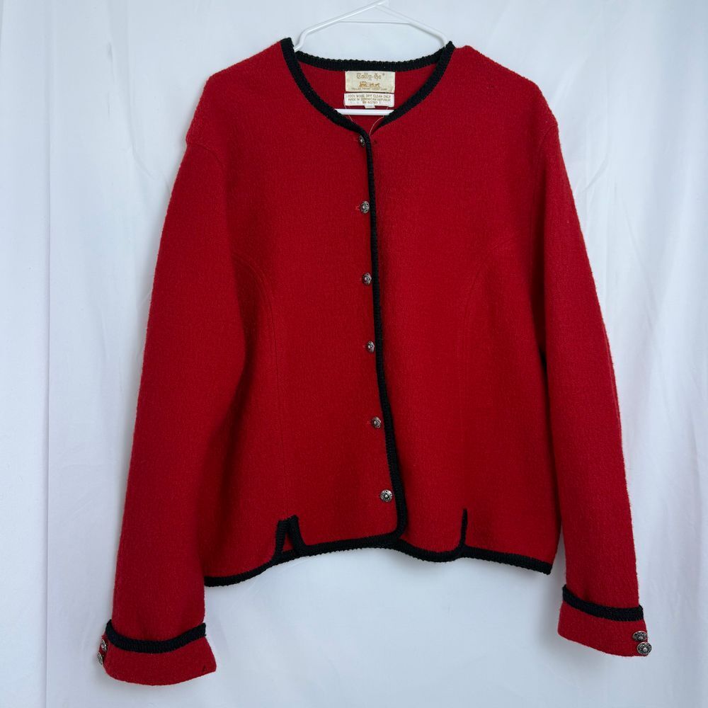 Vintage Women's Tally-Ho 100% Wool Button Down Cardigan Red Black‎ Trim Size 16
